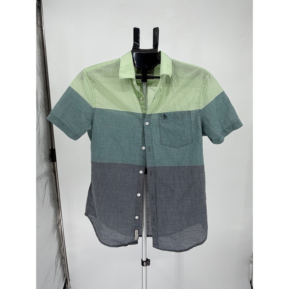 Original Penguin Shirt Mens Medium Green Grey Excellent Colorblock Slim Fit